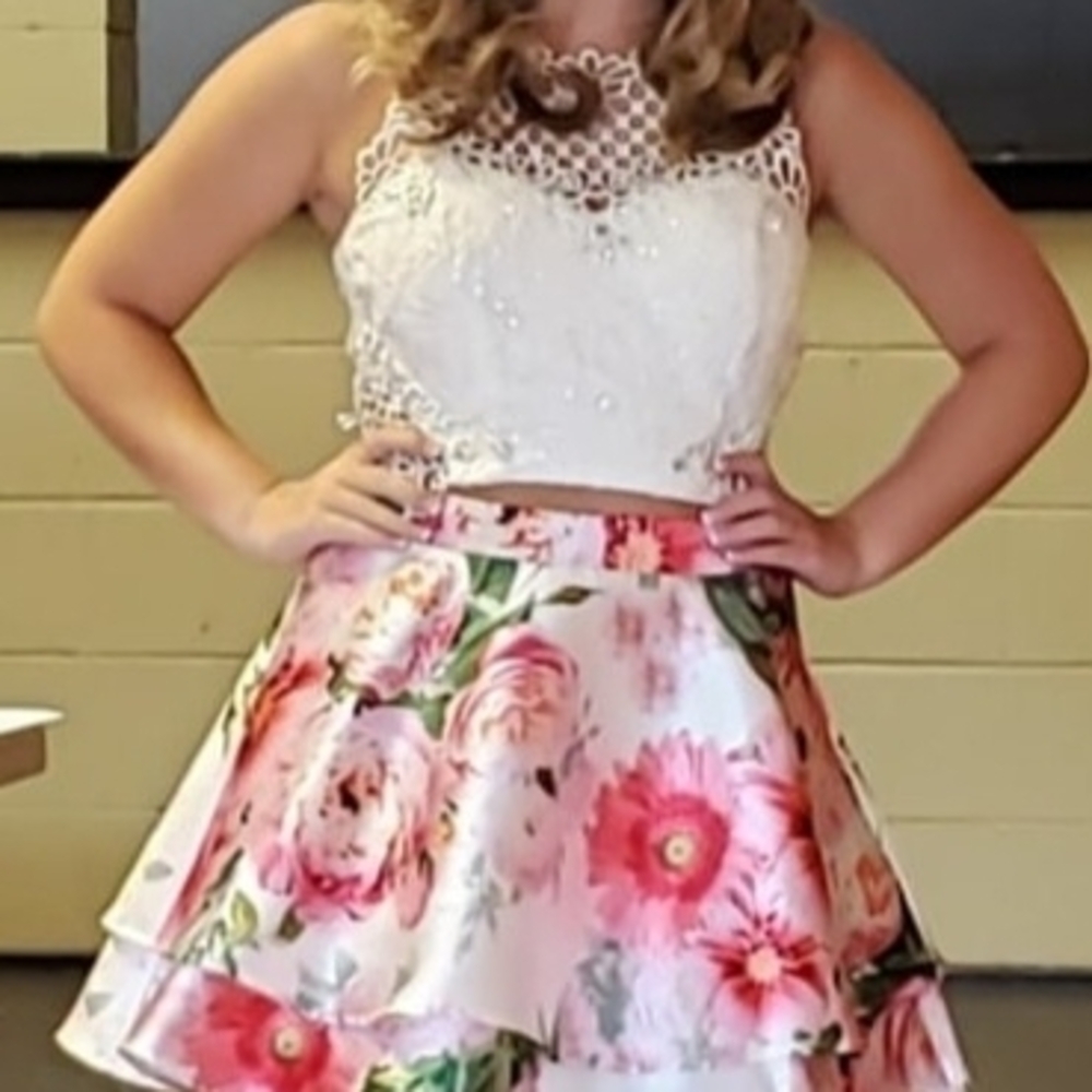 PINK FLORAL 2 PIECE SKIRT AND BEJEWELED TOP